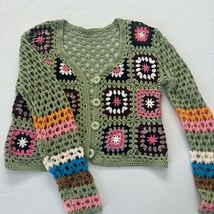 SHEIN Green Multicolor Crochet Cardigan